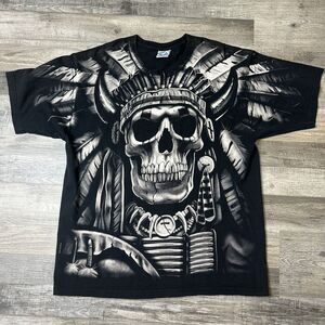 Vintage Liquid Blue AOP Native American Indian Skull Headdress T Shirt Size XL